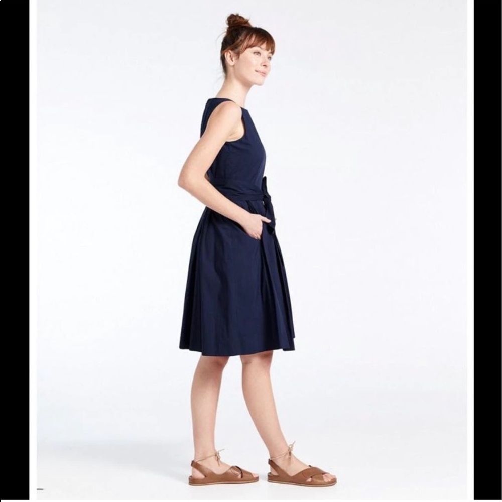 LL Bean Signature Chambray Dress with Removable Tie - Navy Blue Poplin - 2 - Picture 2 of 13